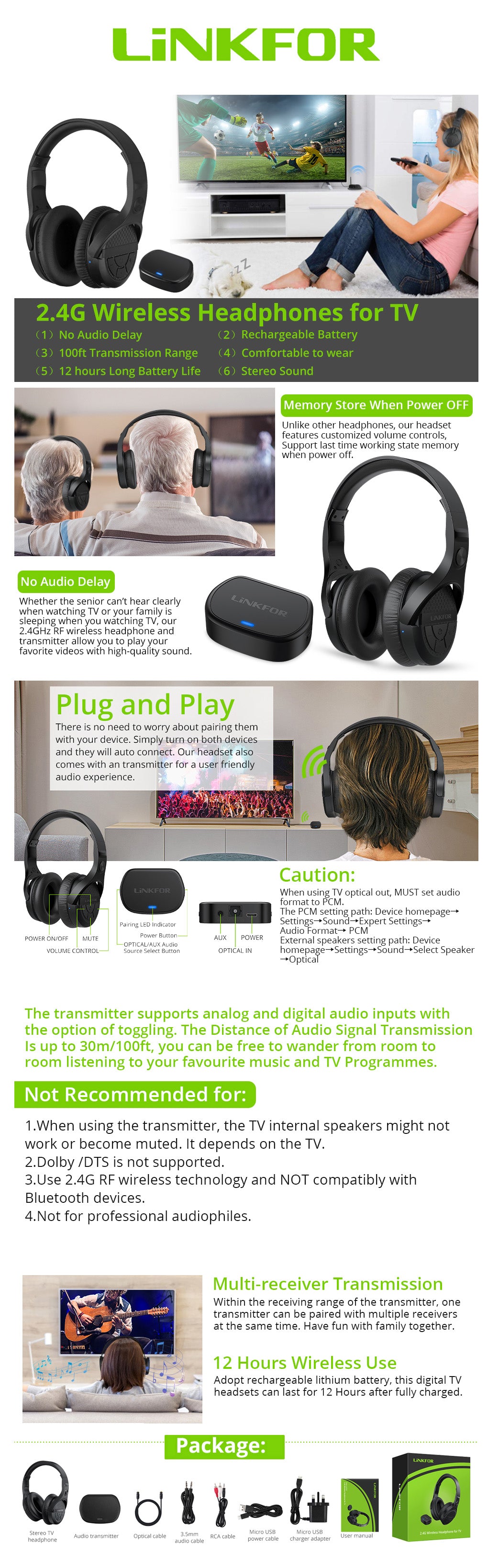 LiNKFOR 2.4G Wireless Headphones for TV