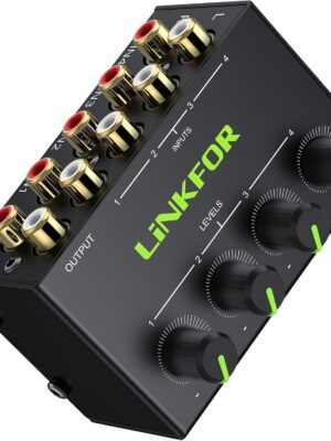 LiNKFOR 4 Channel Stereo Audio Mixer CX400 Metal Shell Support RCA Input and Output Mini Passive Stereo Mixer with Separate Volume Controls
